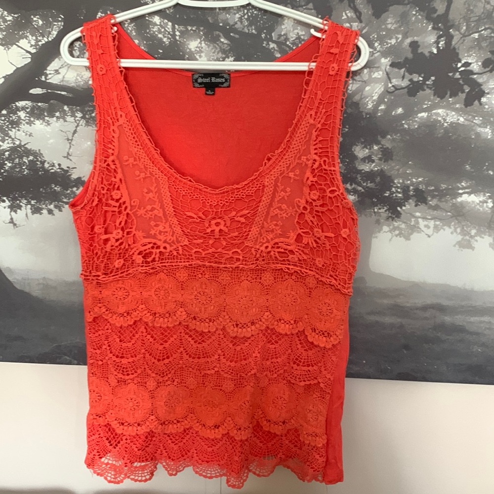 Steel Roses coral orange embroidered tank top